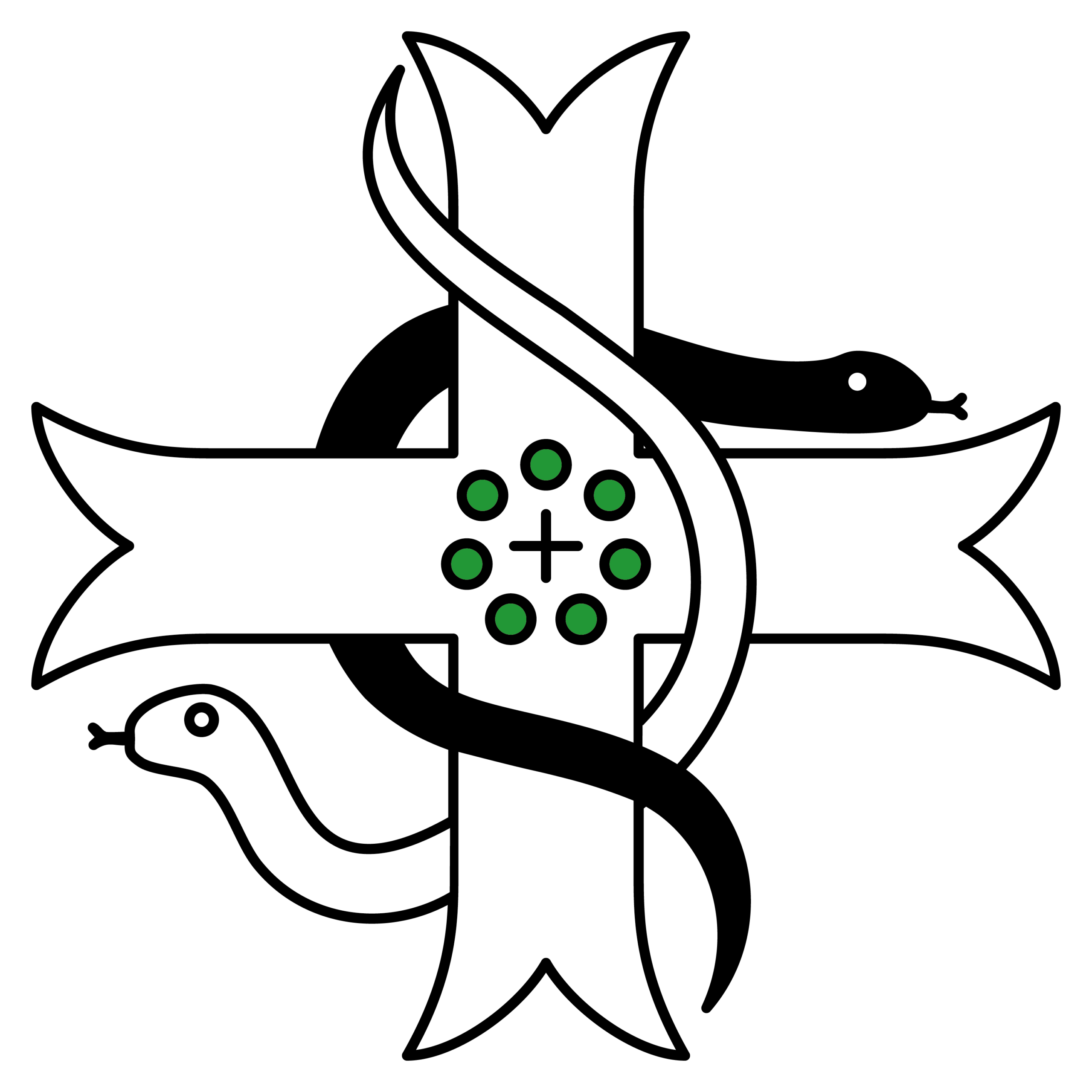 Logo des Michaelicums: Ein großes, weisses Kreuz, das von einer weissen und einer schwarzen Schlange umwunden wird. In der Mitte 7 grüne Rosen kreisförmig um ein kleines schwarzes Kreuz angeordnet.